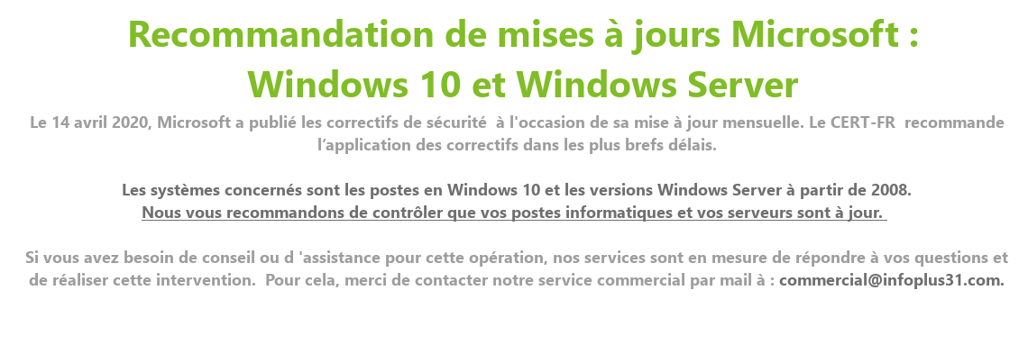 Recommandations de mises à jour Microsoft : Windows 10 et Windows Server